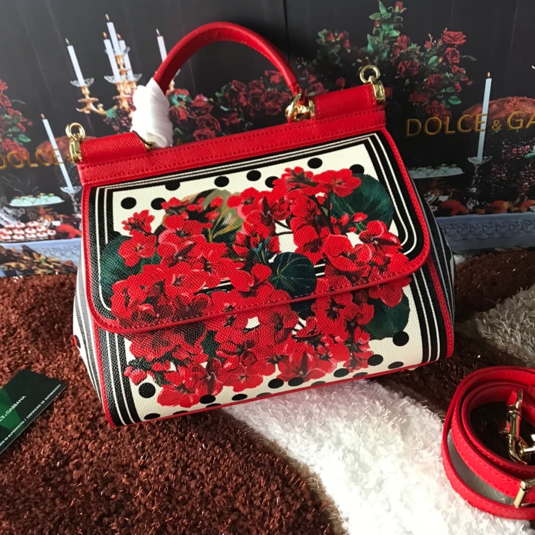 Dolce & Gabbana Miss Sicily top handle bag with embroidered geranium flowers print leather High