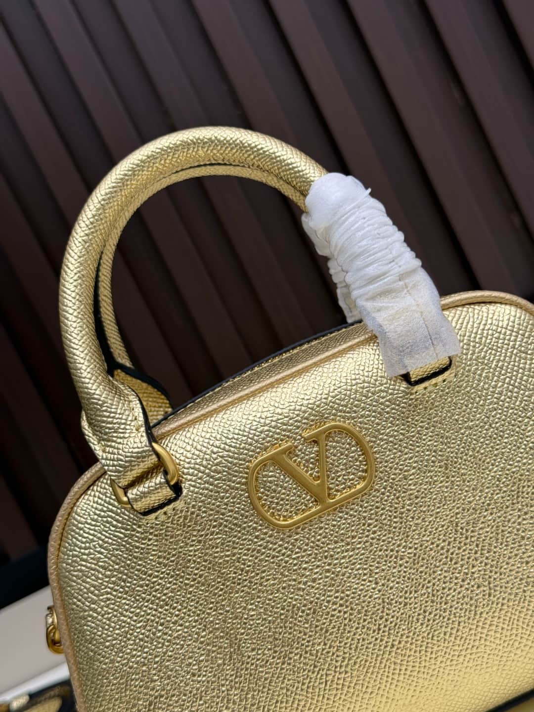 Valentino VLogo Signature Mini Bowling Bag in Grainy Calfskin Gold High