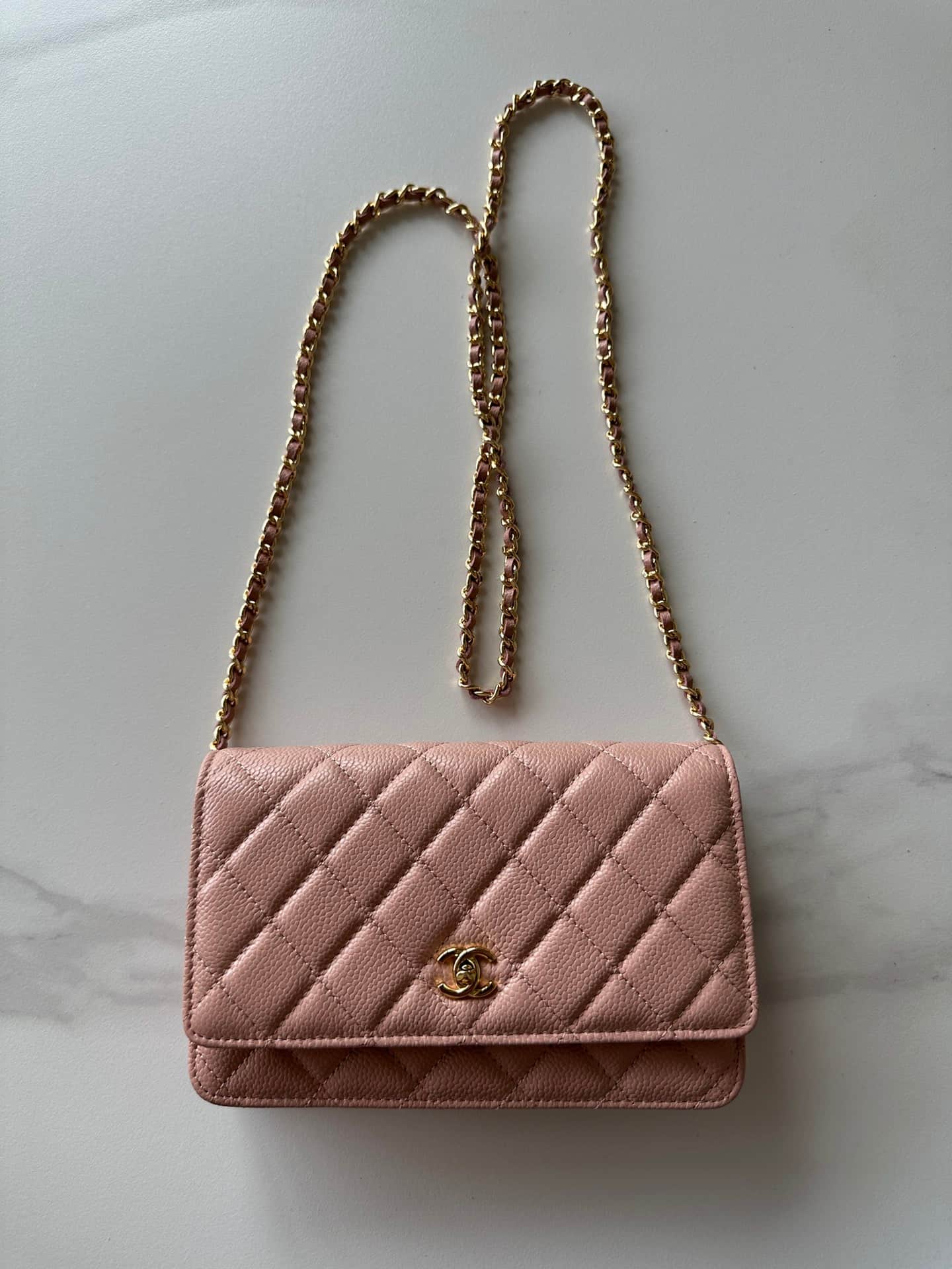 Chanel Classic Wallet on Chain Grained Shiny Calfskin & Gold-Tone Metal AP4241 Light Pink High