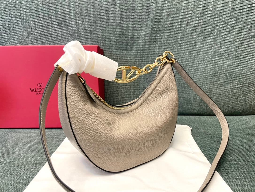 Valentino Garavani VLogo Moon small hobo bag in grey grained calfskin High