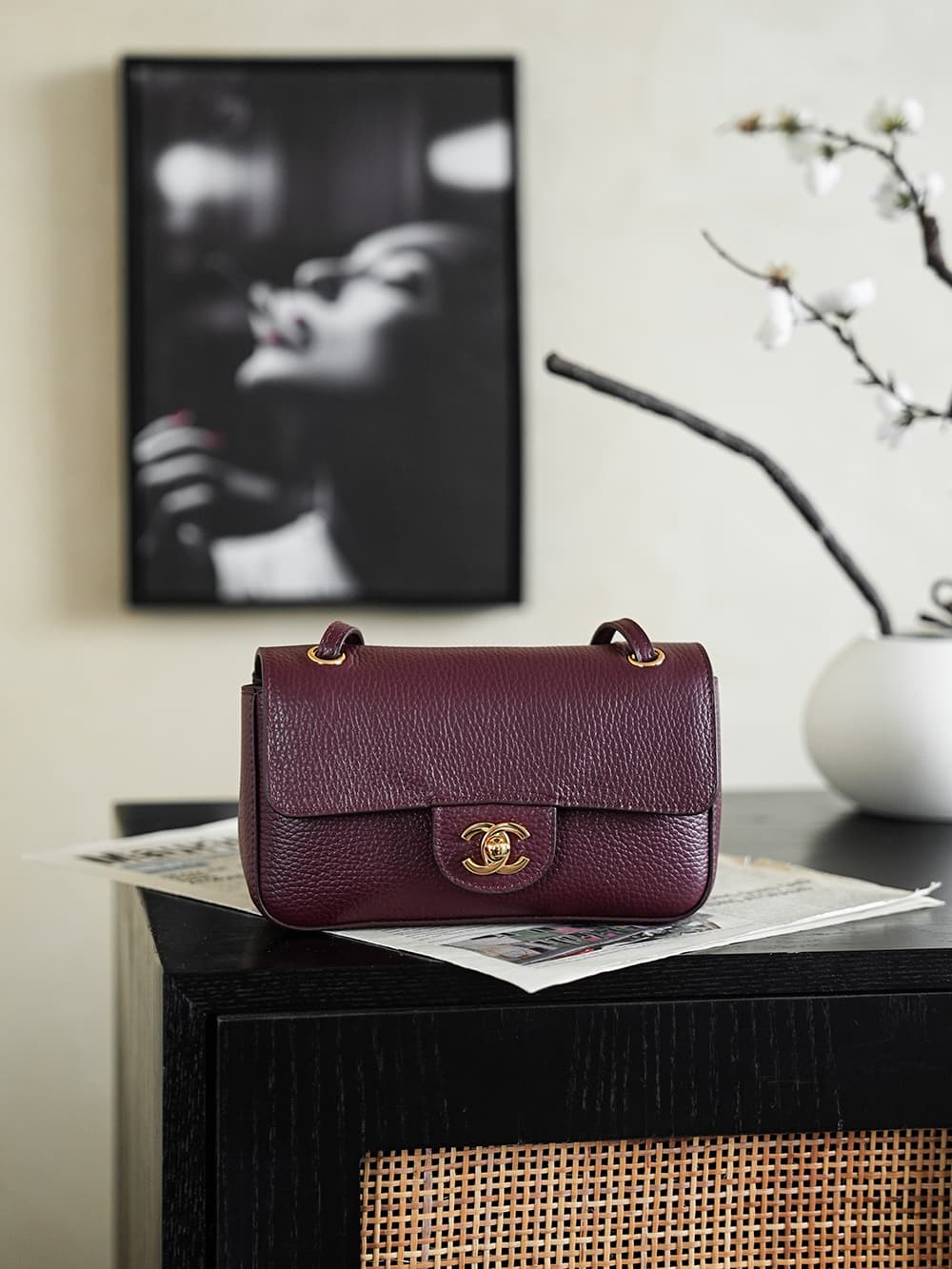 CHANEL Mini flap bag Grained Calfskin&Gold-tone metal Claret AS6573 A