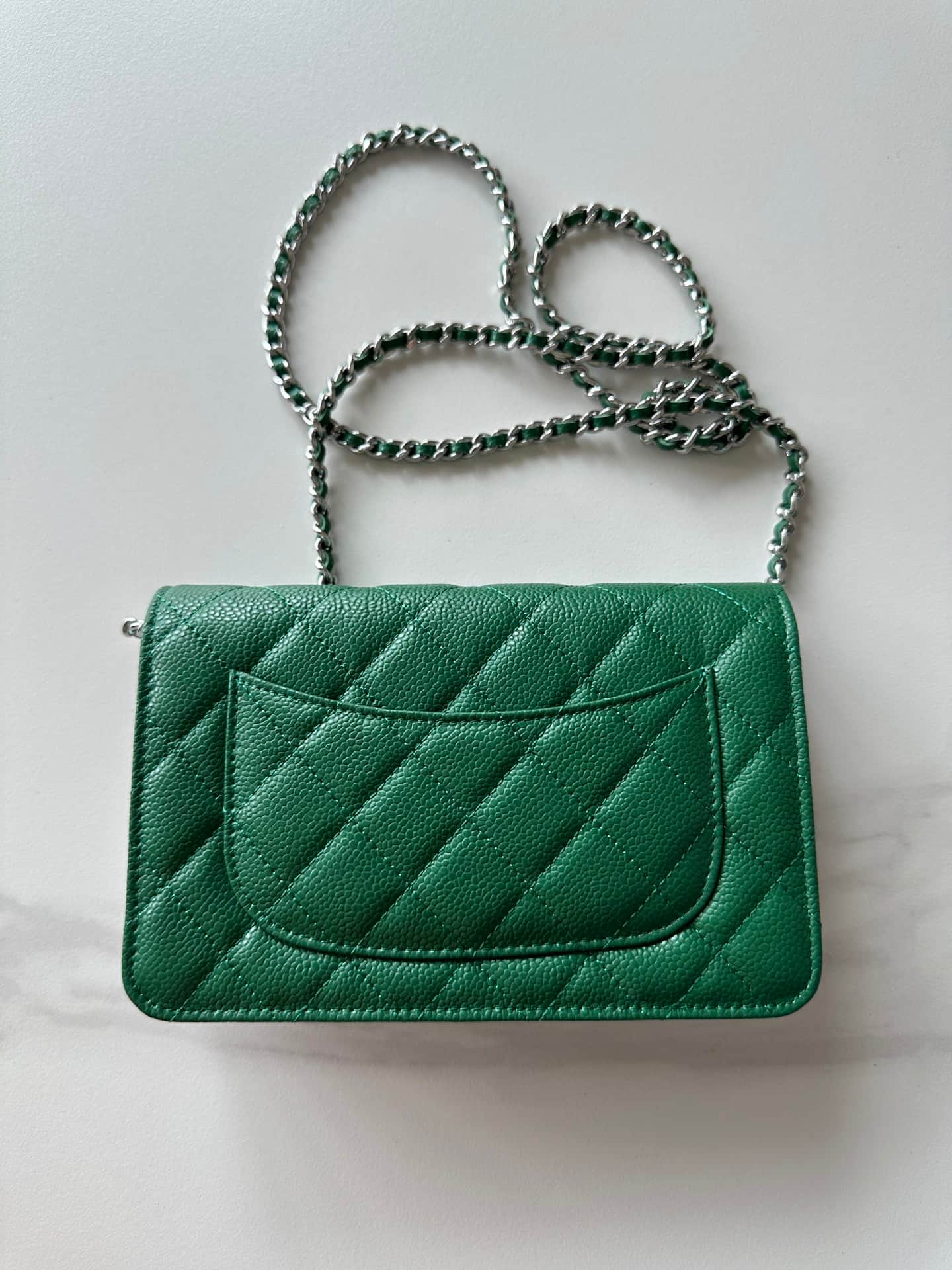 Chanel Classic Wallet on Chain Grained Shiny Calfskin & Silver-Tone Metal AP4241 Green High
