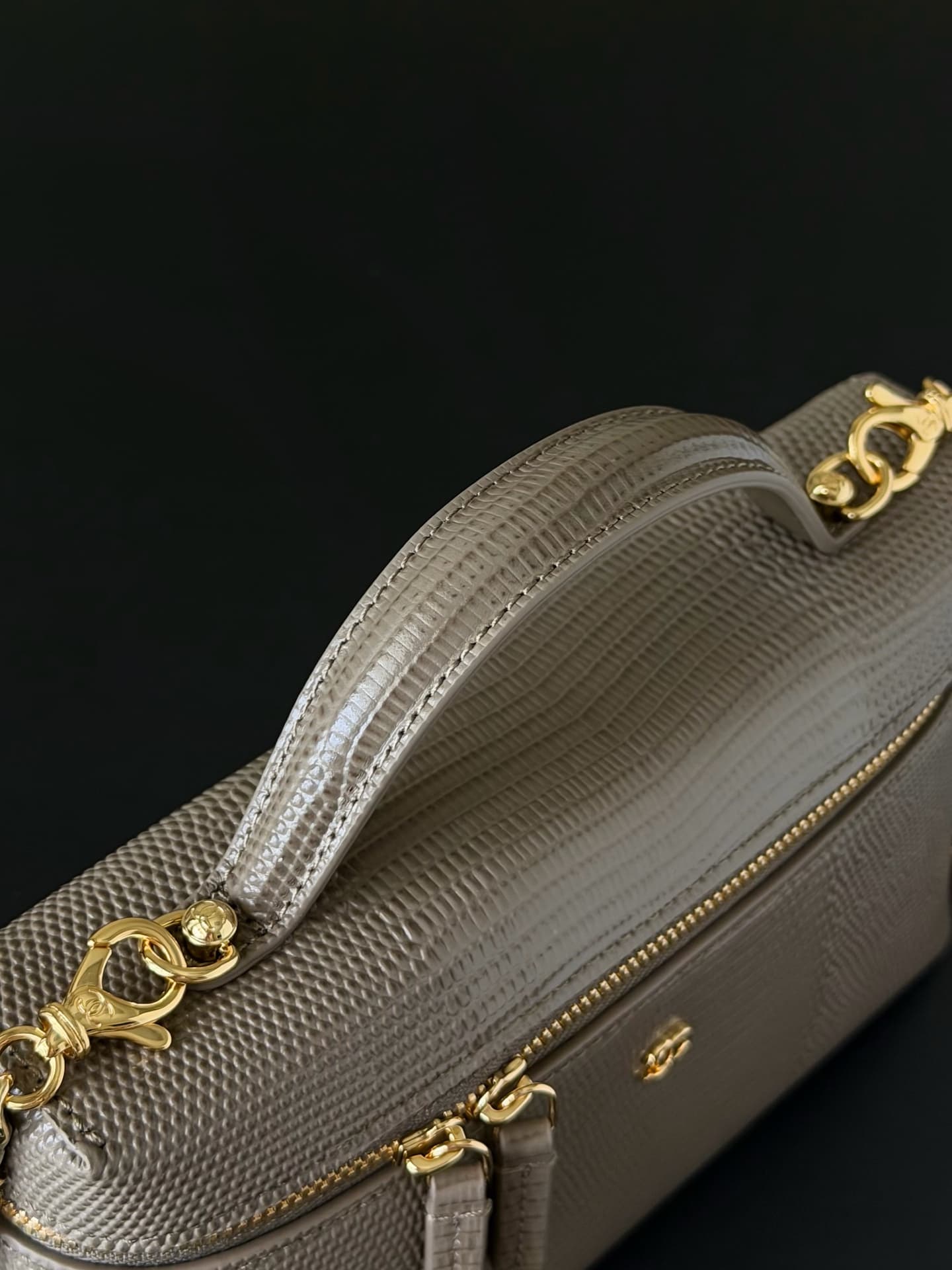 Chanel Small Vanity with chain Lizard Embossed Calfskin & Gold-Tone Metal Dark Khaki AS5346 A