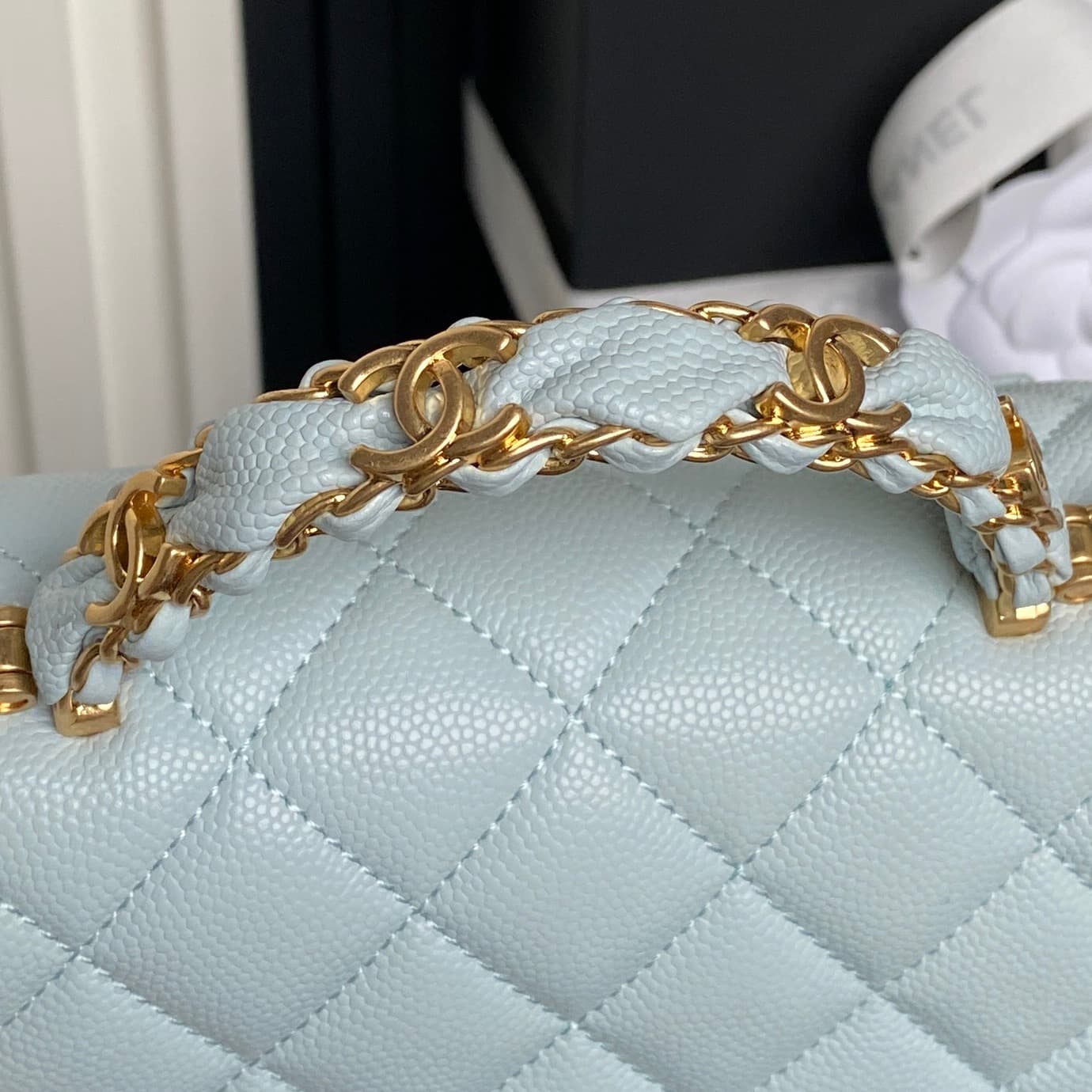 Chanel Mini Flap Bag with Top Handle Grained Shiny Calfskin & Gold-Tone Metal Light Blue AS5701 A