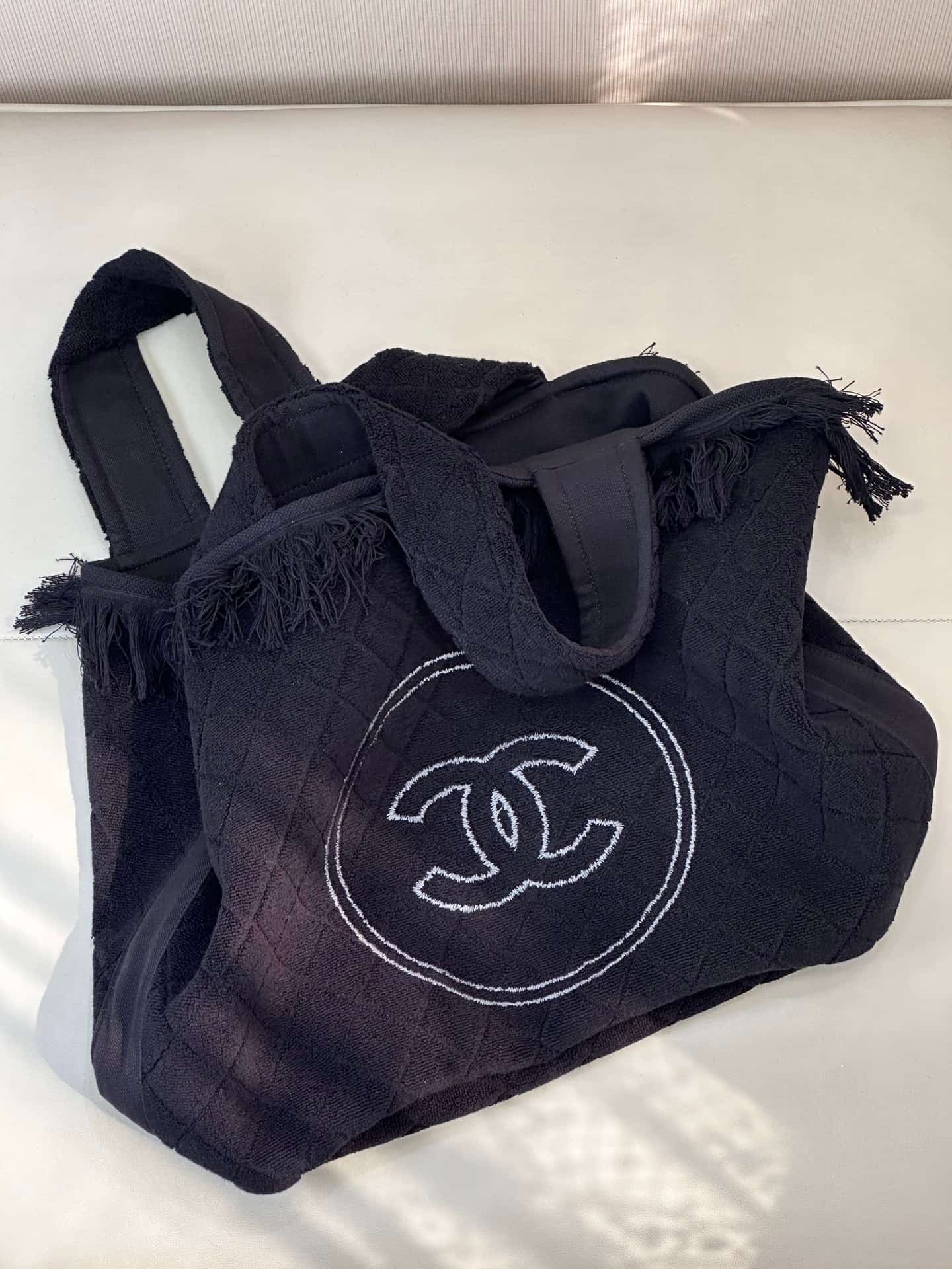 Chanel Beach Hobo Handbag Quilted Black Terry Cloth TOP