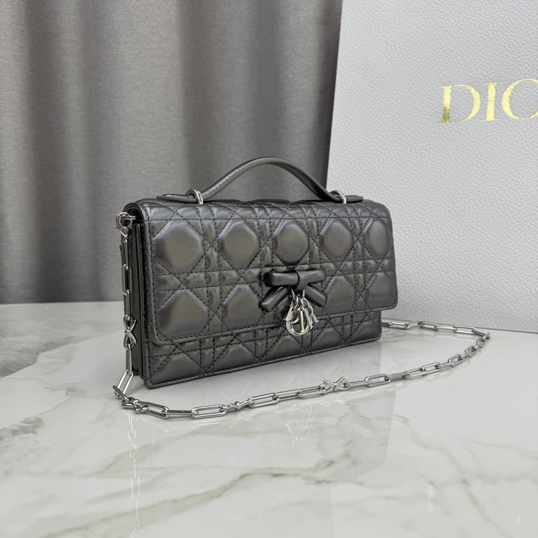 My Dior Mini Bag Silver Metallic Cannage Lambskin With Leather Bow High