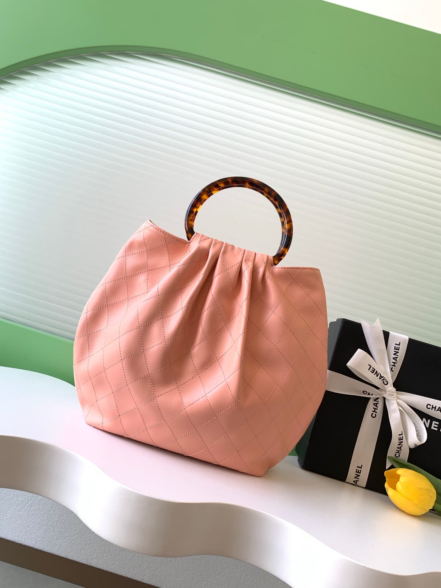 Chanel Medium Hobo Bag Lambskin-Shell Effect Plexi & Gold-Tone Metal Pink AS6010 High