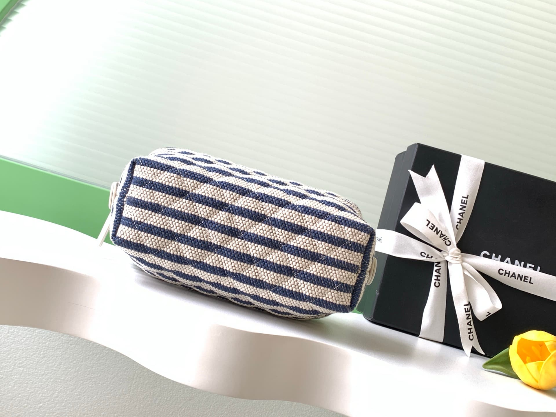 CHANEL Stripe Cosmetic Pouch Bag Printed fabric & Gold-Tone Metal Beige & Light Blue AP4990 A