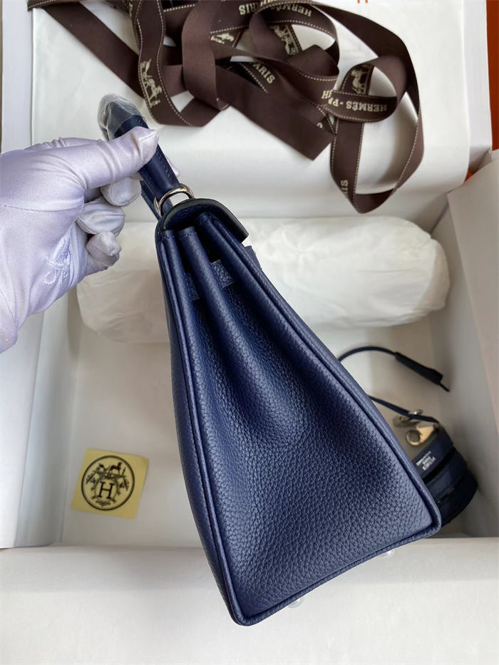 Hermes Kelly 25/28/32cm Retourne Bag Togo Leather In blue obscur WAX High