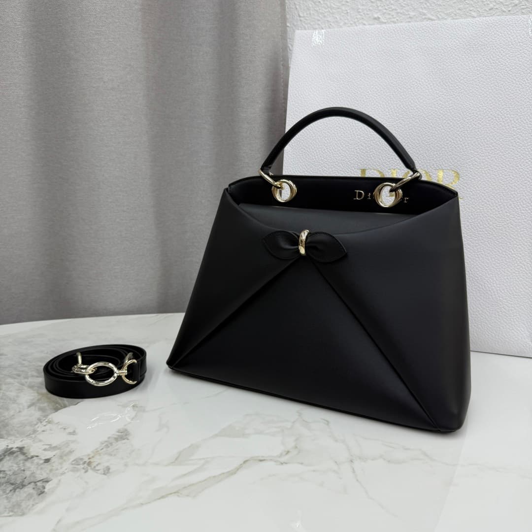 Large Dior Cigale Bag Black with Gold Metal Shiny Supple Calfskin High