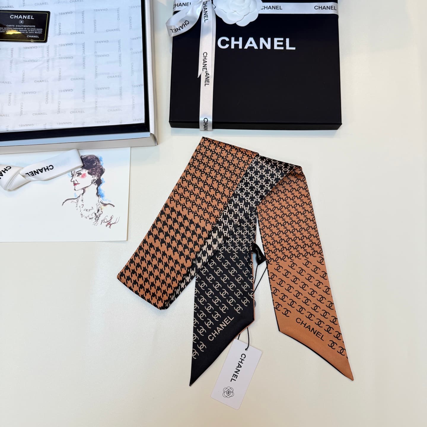 Chanel Silk Twill Houndstooth Slim Bandeau Scarf