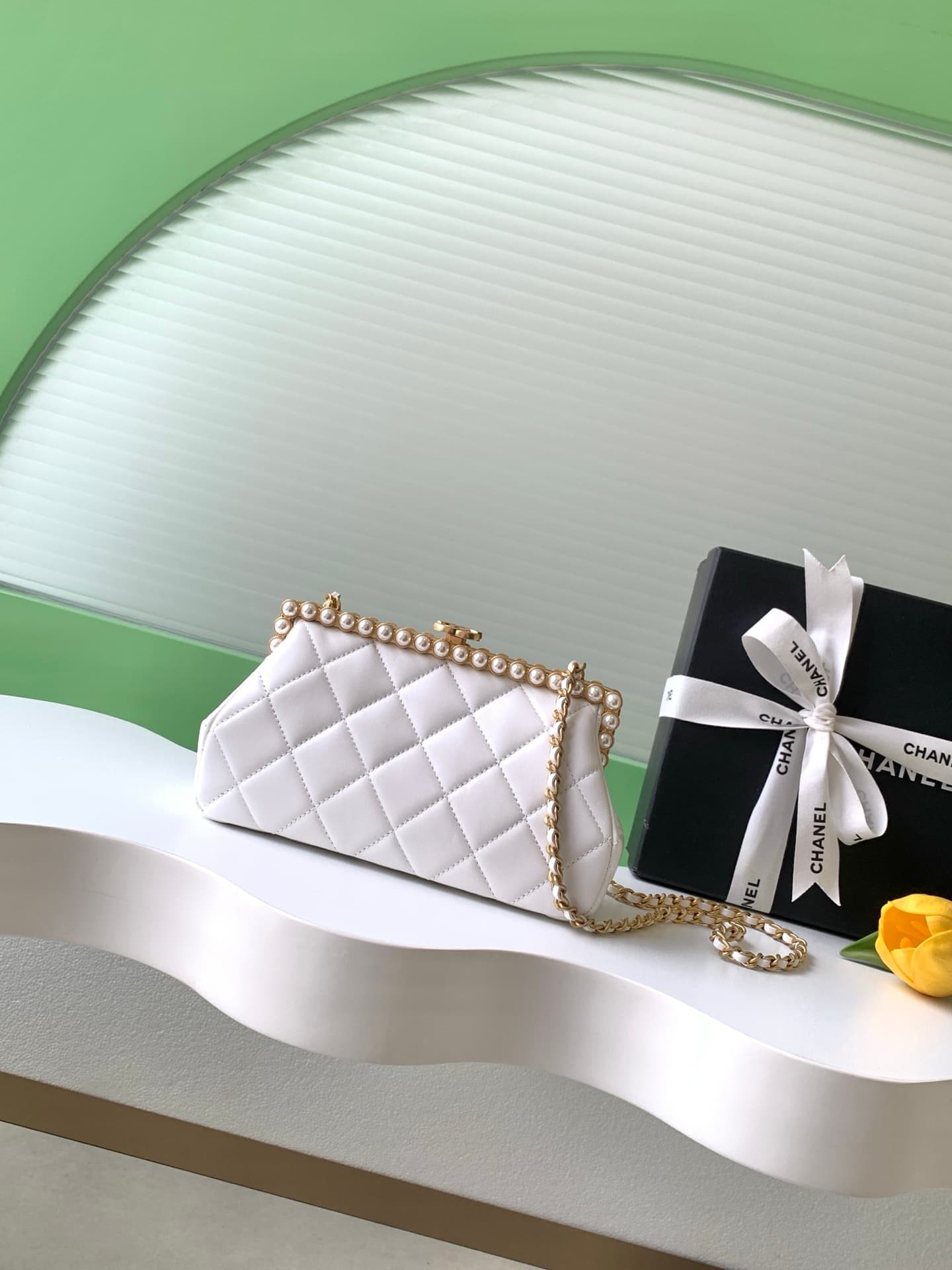 Chanel Pearly Lambskin Imitation Pearls & Gold-Tone Metal White AS5912 A