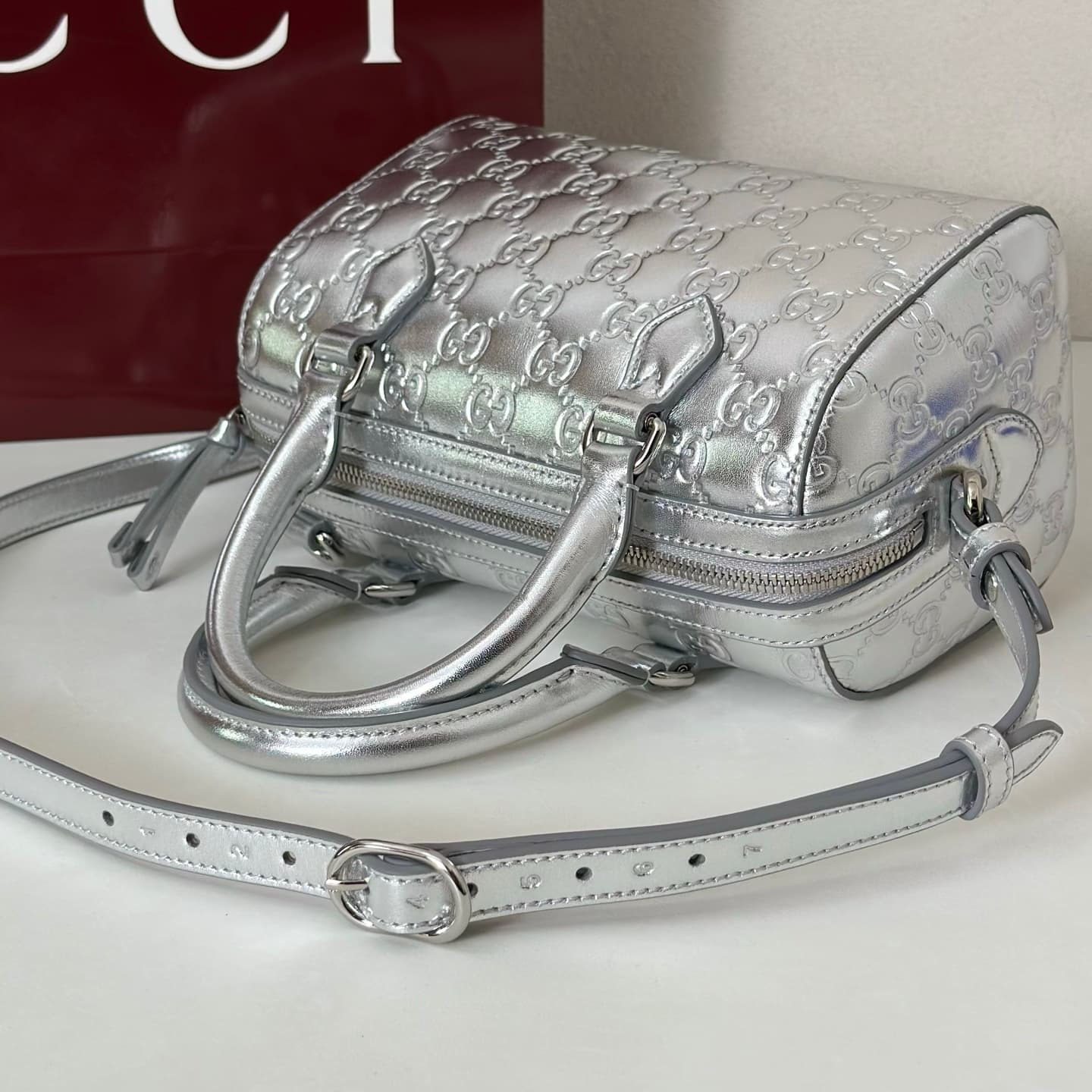 Gucci GG Emblem Small Boston Bag In Silver GG Leather 848889 High