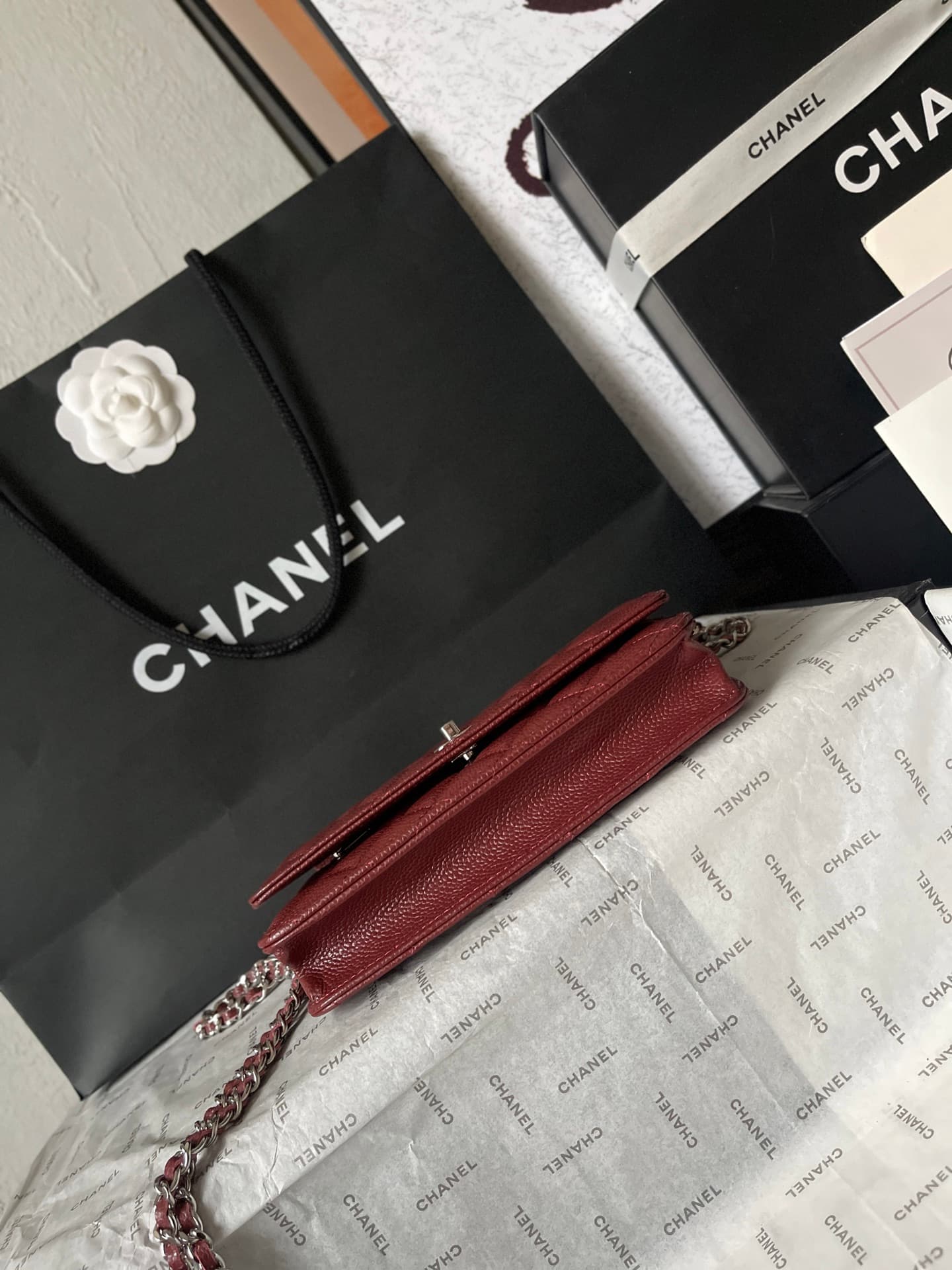 Chanel Classic Wallet on Chain Grained Shiny Calfskin & Silver-Tone Metal AP4241 Dark Brown A