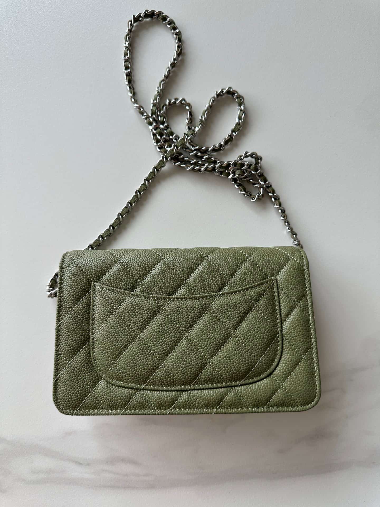 Chanel Classic Wallet on Chain Grained Shiny Calfskin & Silver-Tone Metal AP4241 Dark Green High