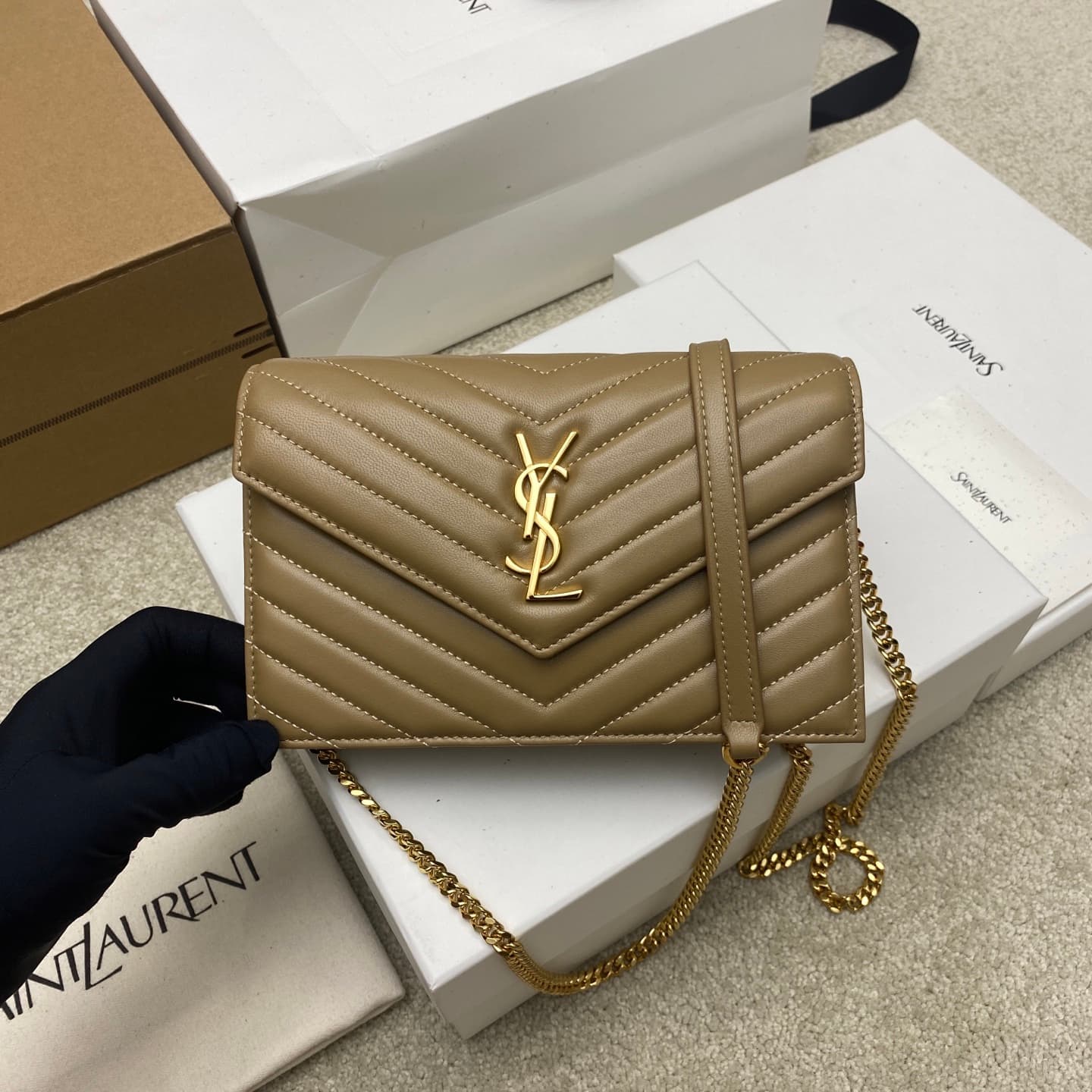 Saint Laurent Monogram Matelassé Cassandre Wallet on Chain Milk Tea Apricot Lambskin 393953 High