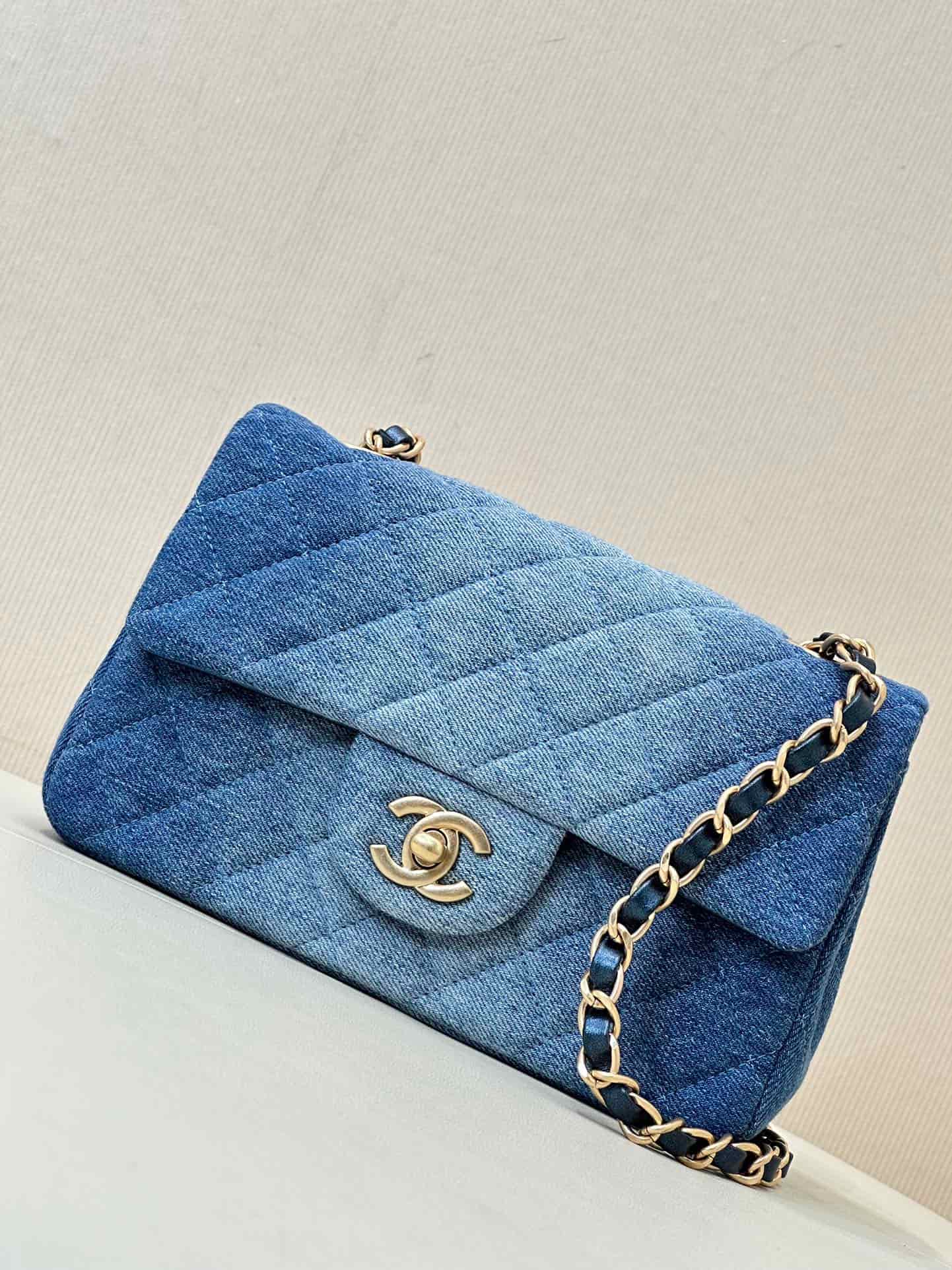 CHANEL Mini Classic Handbag Denim &Gold-tone Metal AS1116 Blue TOP