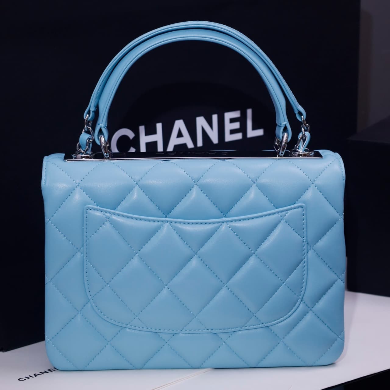 SMALL FLAP BAG WITH TOP HANDLE Lambskin Silver Metal Sky Blue A