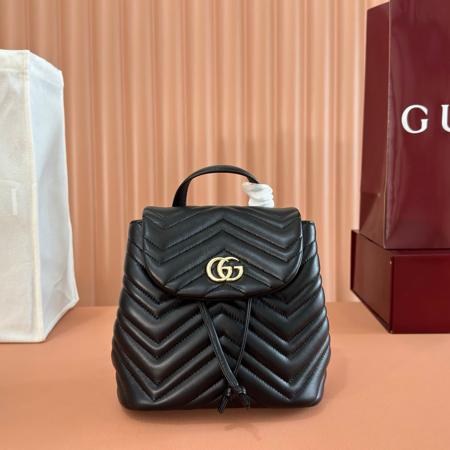Gucci GG Marmont Mini Backpack Black Matelassé Chevron Nappa Leather 855921 High