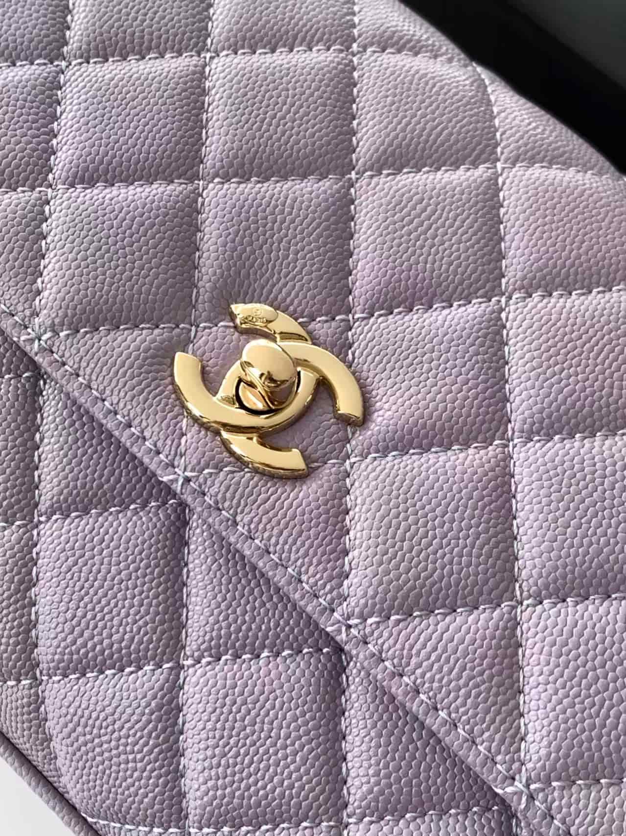FLAP BAG WITH TOP HANDLE Grained Calfskin & Gold-Tone Metal A92990 Purple Binding A