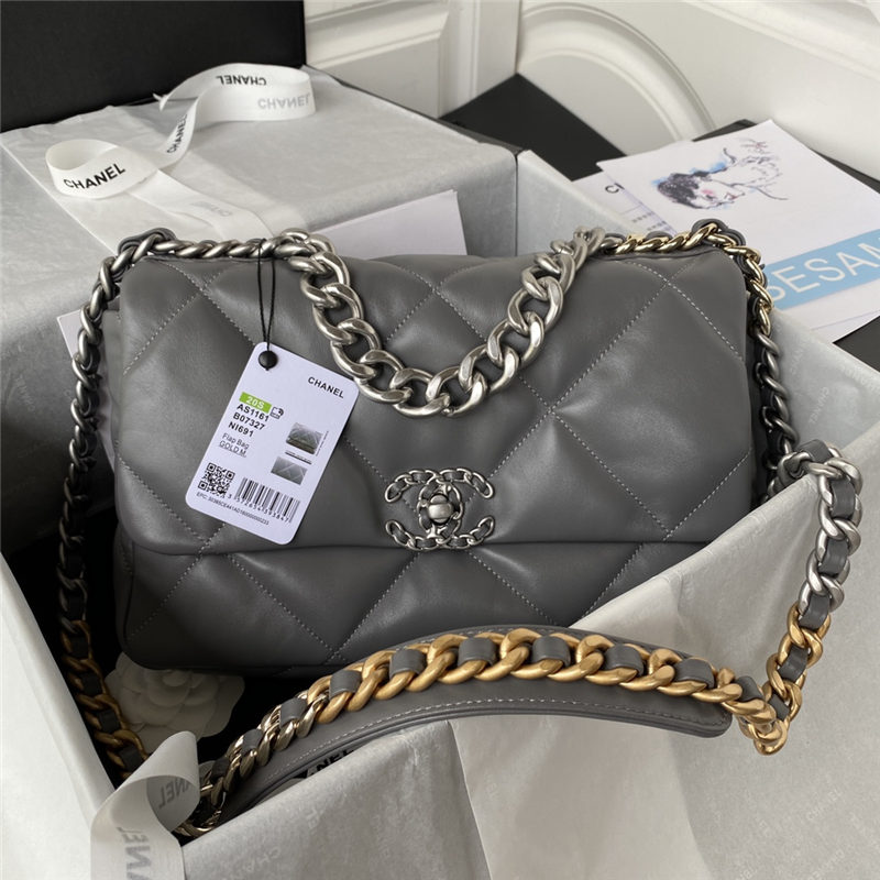 Large Chanel 19 Flap Bag Lambskin Dark Grey Silver High