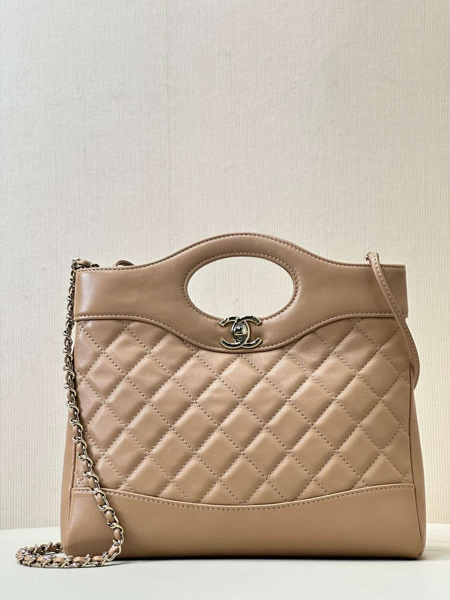 CHANEL 31 Mini Shopping Bag Shiny Calfskin & Gold-Tone Metal AS4133 Beige TOP