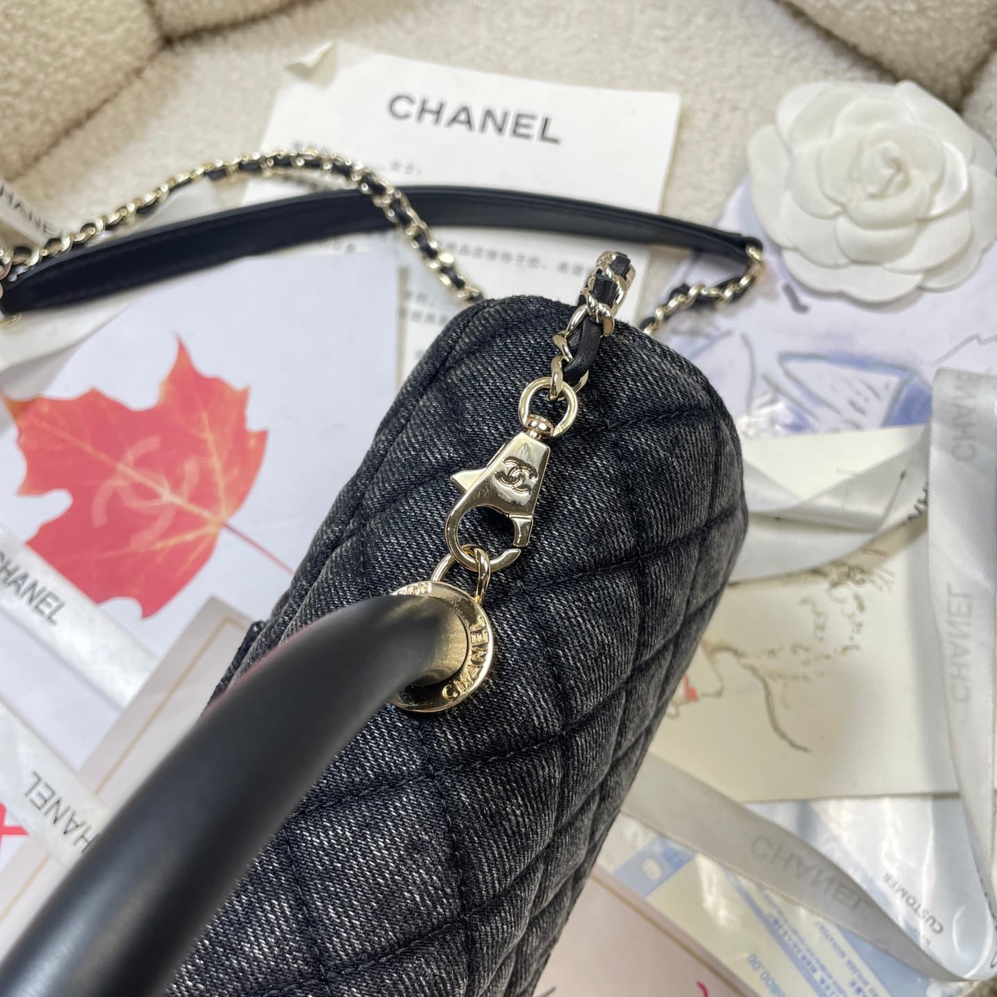 Chanel Maxi Flap Bag with Top Handle Washed Denim& Gold-Tone Metal AS6091 Black A