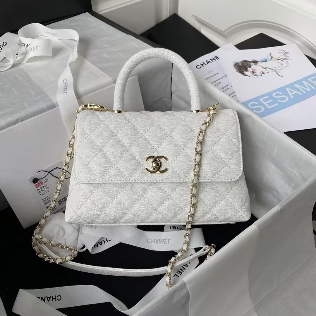 FLAP BAG WITH TOP HANDLE Grained Calfskin & Gold-Tone Metal A92990 White A