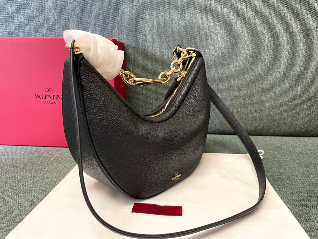 Valentino Garavani VLogo Moon small hobo bag in black grained calfskin High