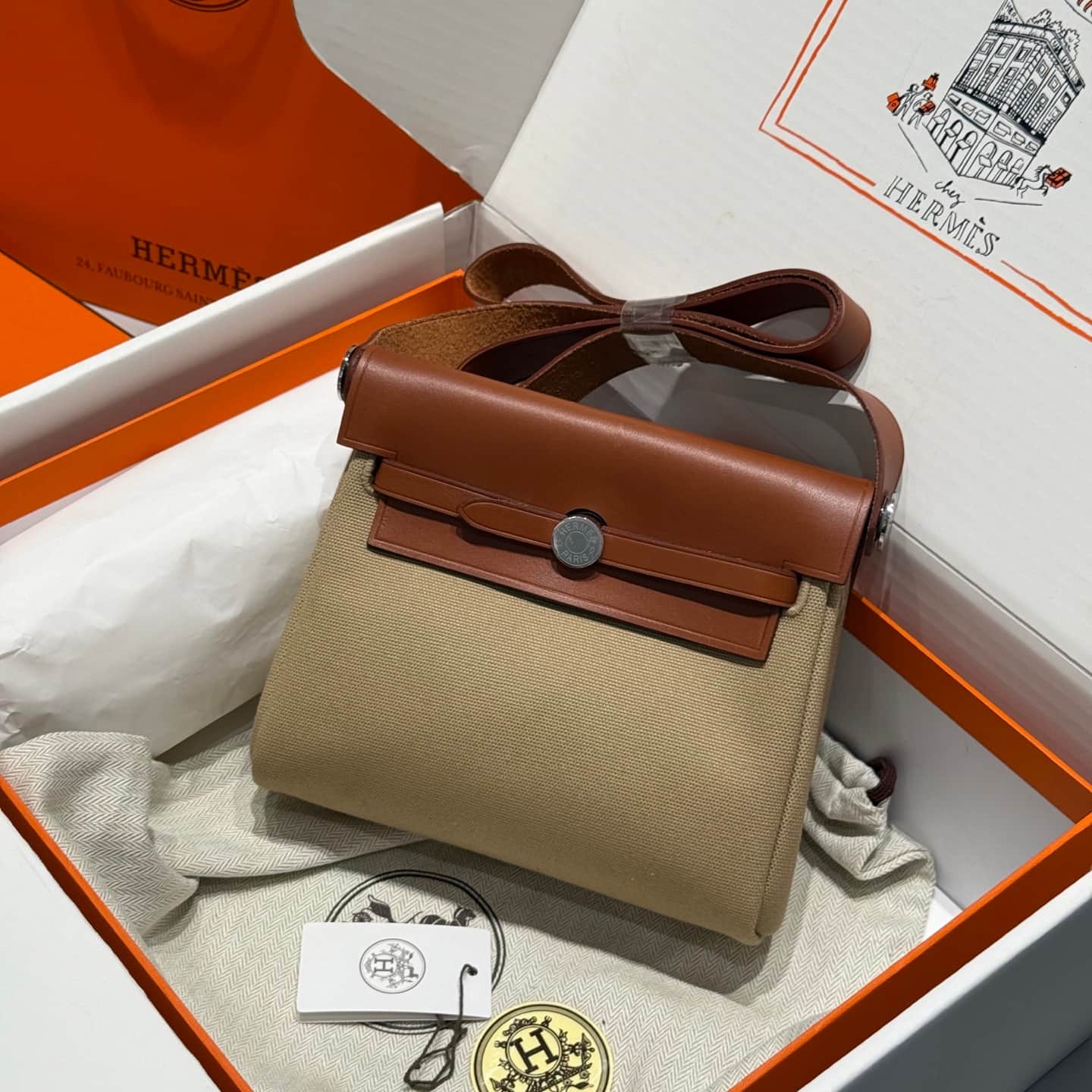Hermes Herbag Zip Mini 20 bag Canvas and Leather Gold TOP