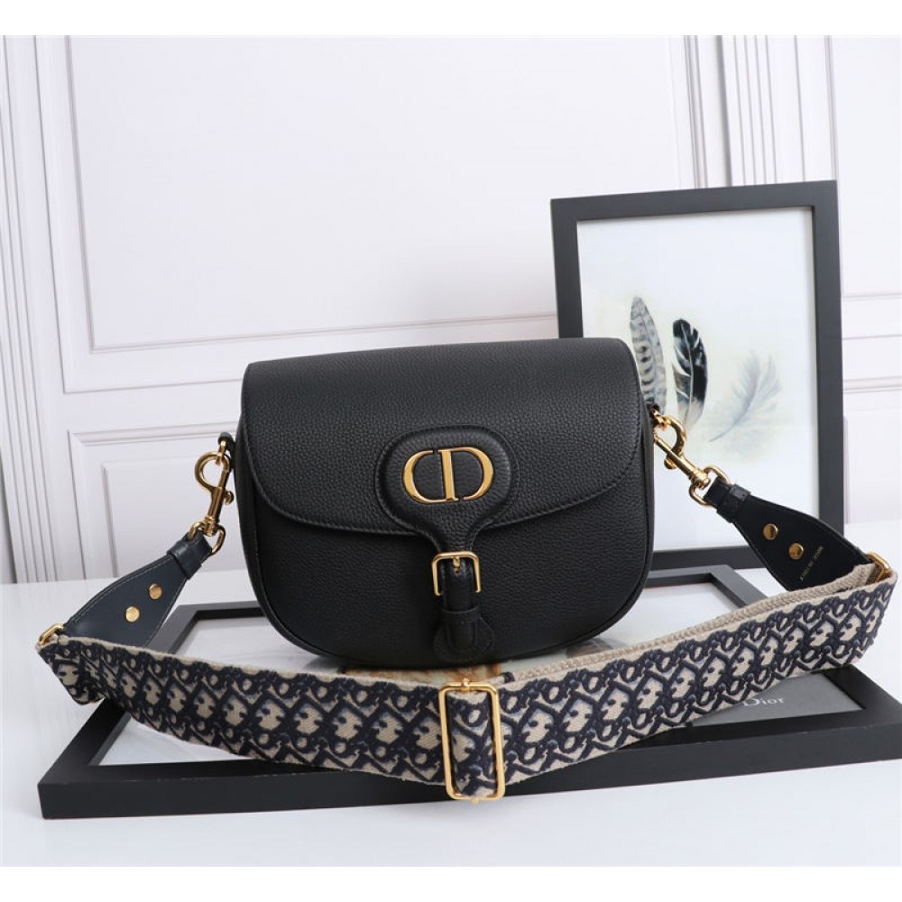 LARGE Dior BOBBY BAG Grained Calfskin with Blue Dior Oblique Embroidered Strap Black High