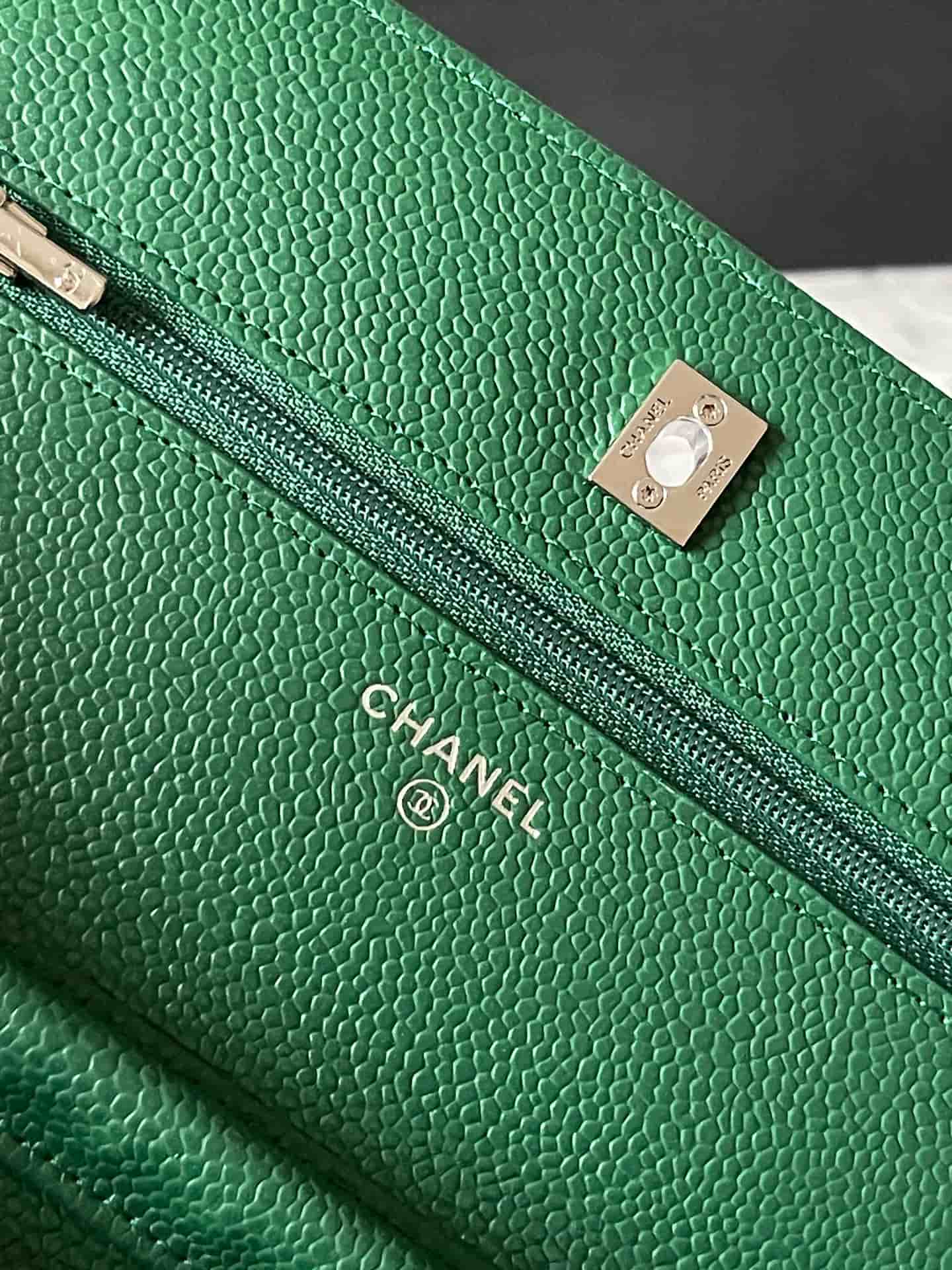 Chanel Classic Wallet on Chain Grained Shiny Calfskin & Silver-Tone Metal AP4241 Green A
