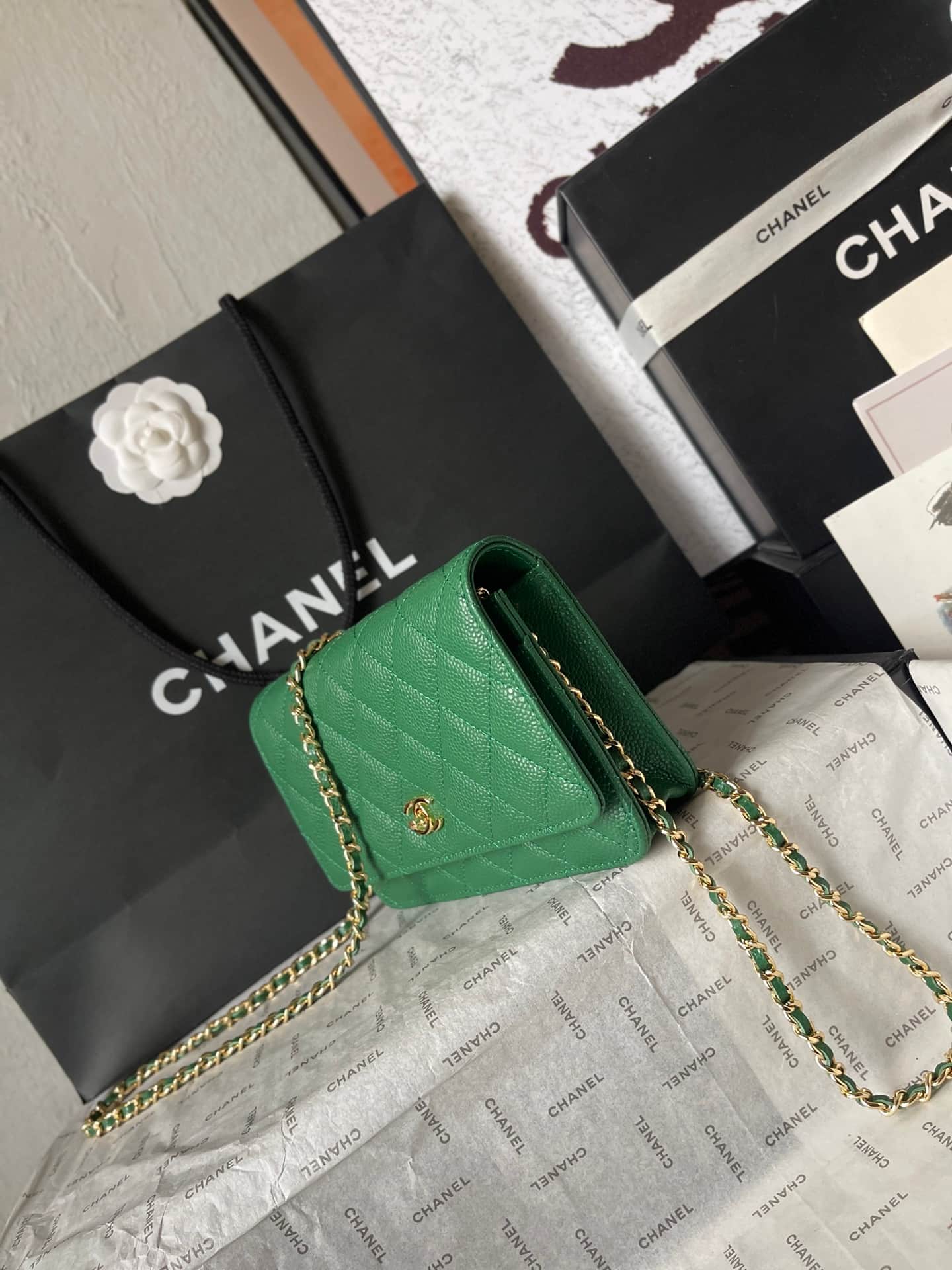 Chanel Classic Wallet on Chain Grained Shiny Calfskin & Gold-Tone Metal AP4241 Green A