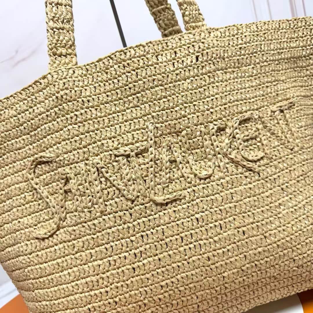 YSL Large Logo Embroidered Raffia Tote Bag High