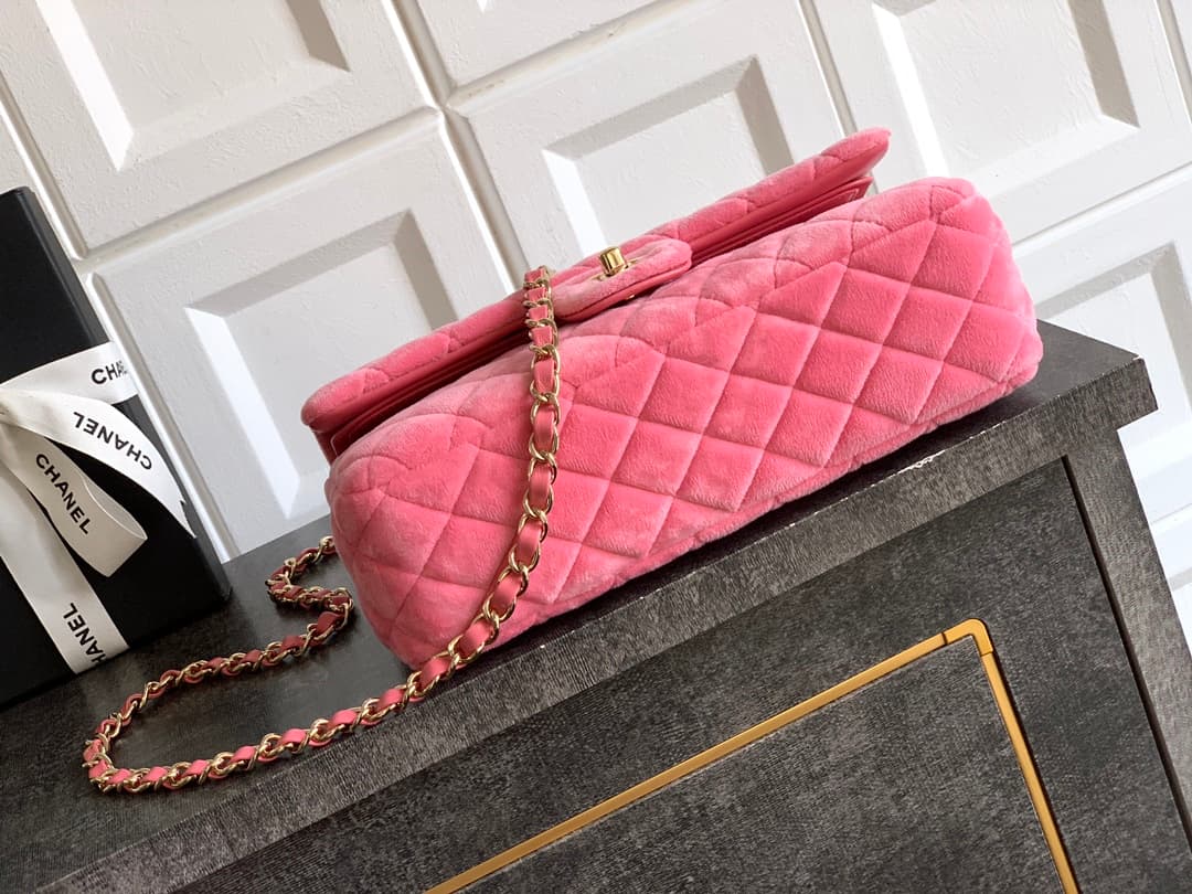 Chanel Medium CLASSIC HANDBAG Velvet  & Gold-Tone Metal Peach A
