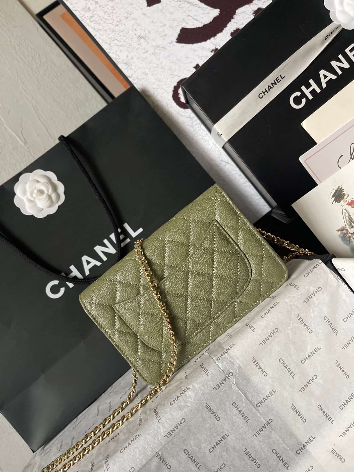 Chanel Classic Wallet on Chain Grained Shiny Calfskin & Gold-Tone Metal AP4241 Dark Green A