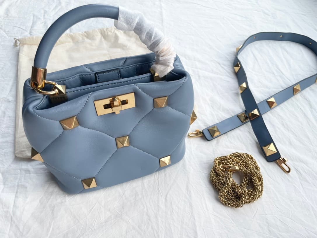 Valentino Garavani Roman Stud leather top handle bag blue high