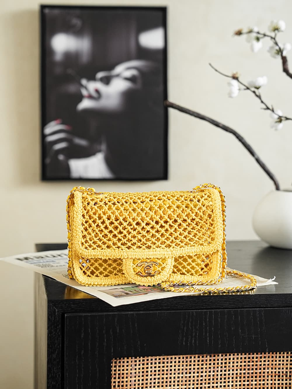 CHANEL Coco Beach Flap Bag Mesh, Strass & Gold-Tone Metal AS6156 Yellow A