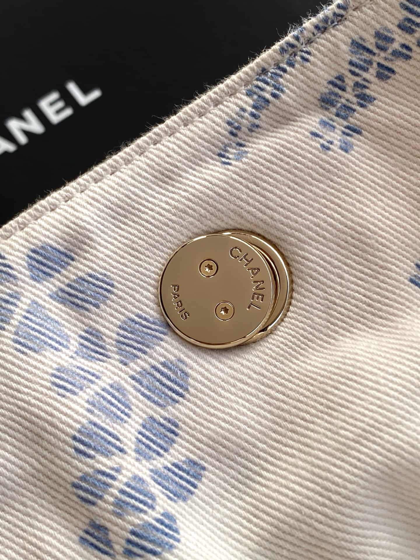 Chanel Beach Hobo Handbag Printed Cotton & Gold-Tone Metal AS5429 White and Blue A