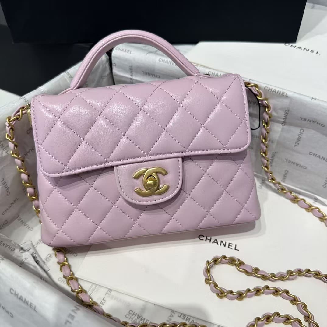 SMALL FLAP BAG WITH TOP HANDLE Lambskin Gold-Metal AS5355 Pink A