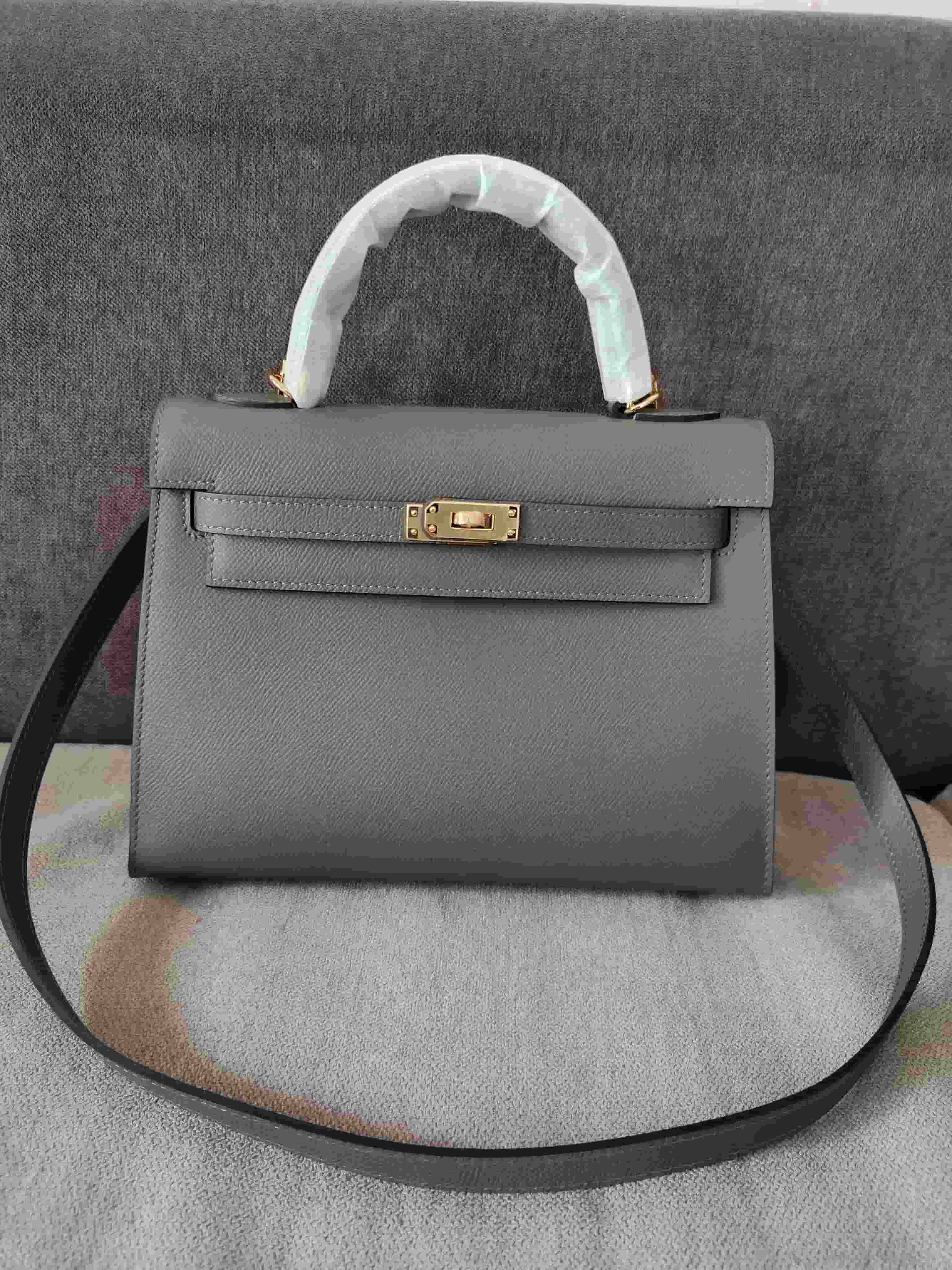 Hermes Kelly 25/28cm Sellier Bag Epsom Leather Silver/Gold Metal In Etain High