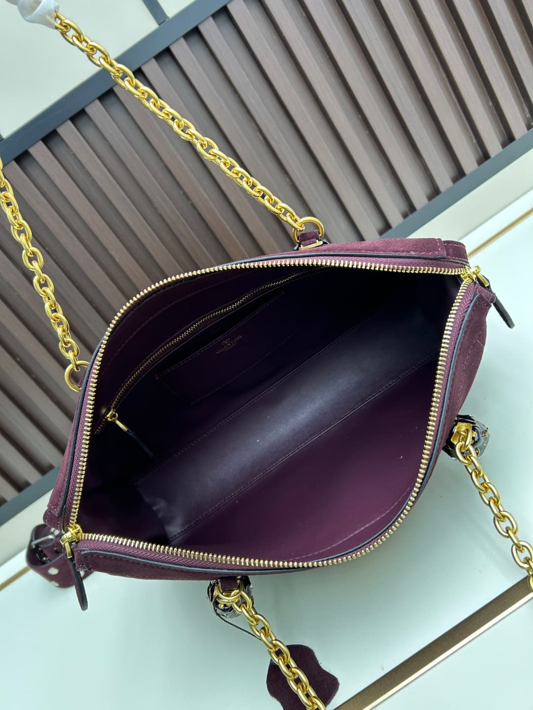 Valentino VLogo Garavani Panthea Shoulder Bag Burgundy Suede Mid