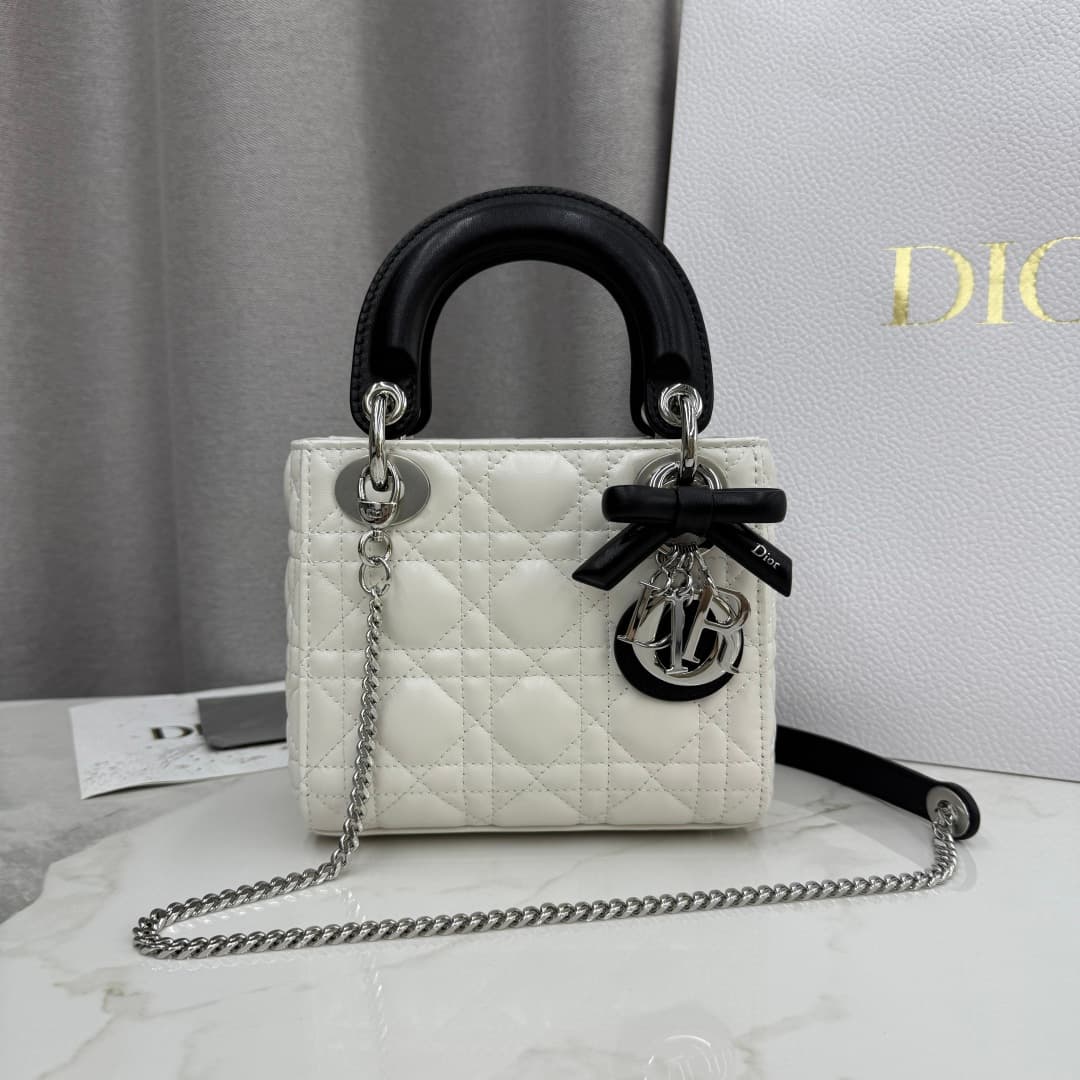 Dior Mini Lady Dior Bag Lambskin Cannage In White With Leather Bow High