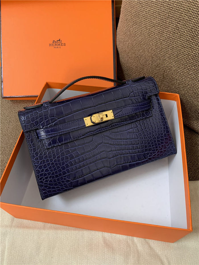 Hermes Kelly Pochette Bag Crocodile Silver/Gold Metal WAX High Customizing Style
