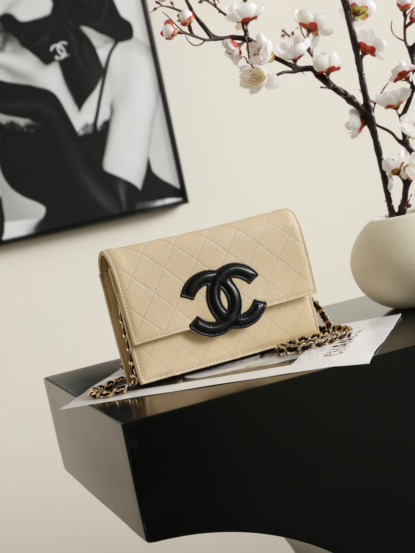 Chanel Wallet on Chain Shiny Grained Calfskin Lambskin & Gold-Tone Metal Beige AP5455 A