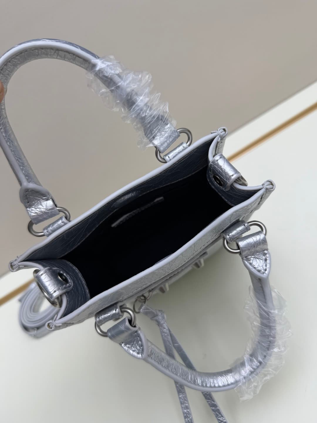 Balenciaga Le City Leather Tote Phone Holder Silver High