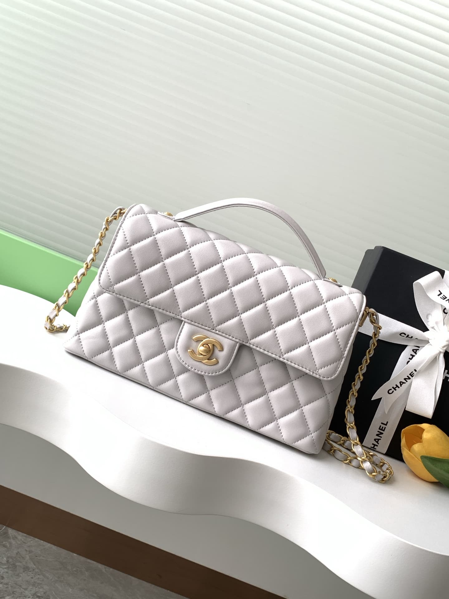 FLAP BAG WITH TOP HANDLE Lambskin Gold-Metal AS5356 Gray A