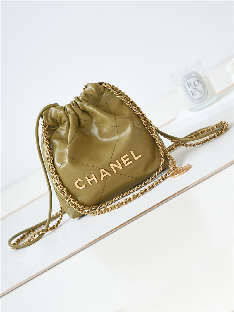 Chanel 22 MINI HANDBAG Shiny Calfskin Mustard-Wrinkle & Gold-Tone Metal AS3980 A