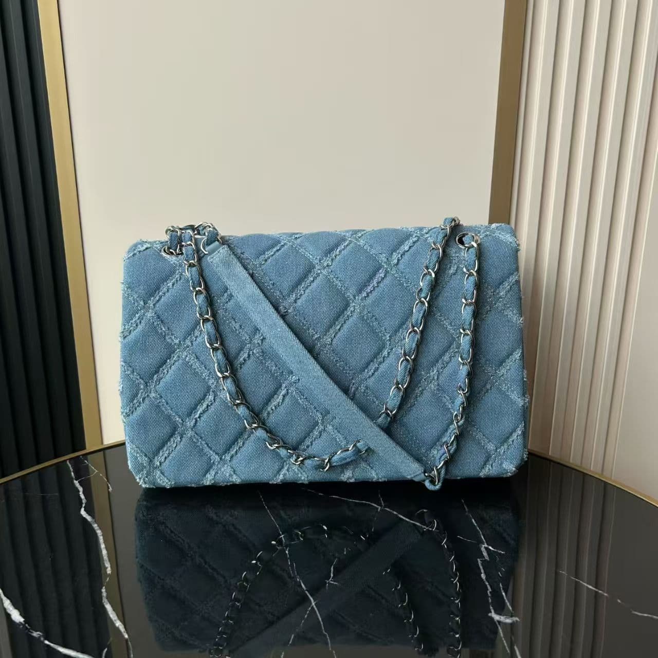 Chanel Medium Flap Bag Distressed Quilted Denim & Silver-Tone Metal Blue A