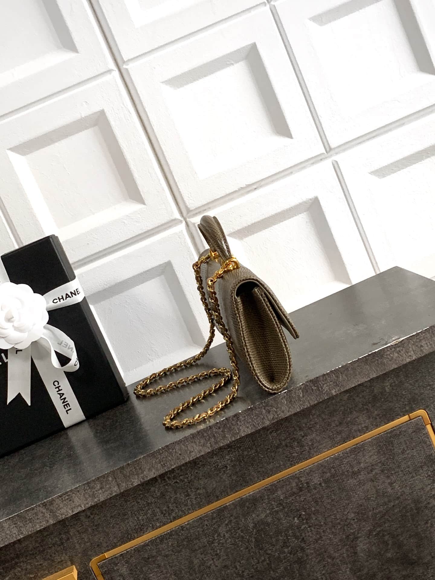 Chanel Clutch with chain Lizard Embossed Calfskin & Gold-Tone Metal Dark Khaki AP5280 A
